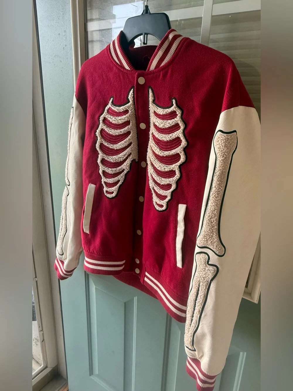 NOVA MEN Skeleton Varsity Jacket Red Ivory Chenille Bones Bomber Snap Small